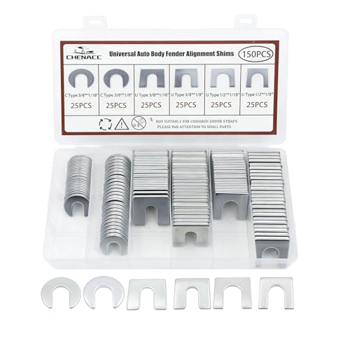 CHENACC 150PCS U/C Type Universal Metal Shim Kit, Auto Body Fender Alignment Slotted Shims -1/16"&1/8" Thick (25 Each), 3/8"&1/2" Slot, Camber Alignment Tool for Auto Body