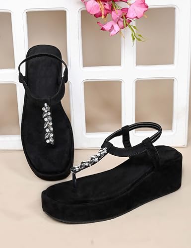 Image of TRYME T-Strap Embellished Wedges Heel Sandals for Women | Soft Suede Comfort Slip-On Sandals for Wedding, Festive & Elegant Styling