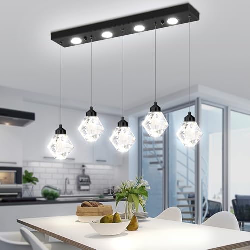 5-Lights Rectangular Pendant Light LED Dimmable Linear Crystal Chandelier Modern Rectangular Chandeliers for Dining Room Bedroom Black Hanging Light by Shial Lighting - Used condition - US$181.79