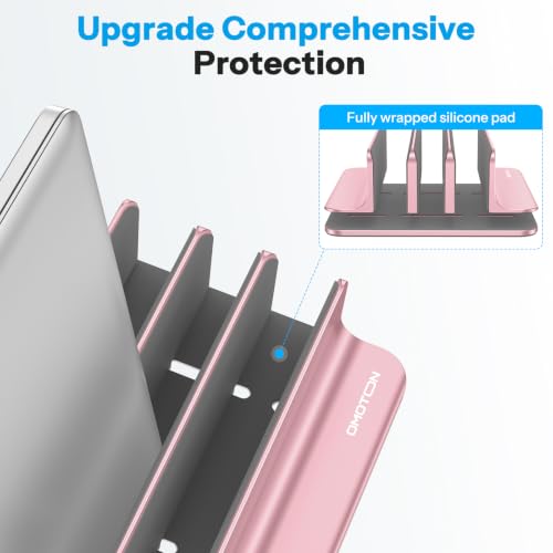 Image of OMOTON Vertical Laptop Stand [Updated 3-Solts Version], Desktop Aluminum Mac Book Stand with Adjustable Dock Size, Fits All Mac Book, Surface, Chrome Book and Gaming Laptops (Up to 17.3 in),Rosegold