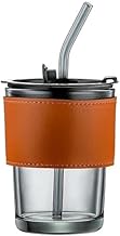 400ml Glass Sipper Mug with Leather Grip Sleeve – Leak-Proof Lid & Straw | Reusable Tumbler for Hot & Cold Beverages, Water, Juice, Coffee | Home, Bar, Office Use (Small Black Lather Mug)