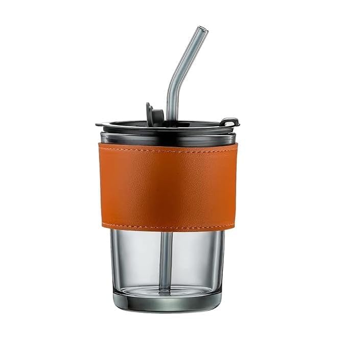 Image of 400ml Glass Sipper Mug with Leather Grip Sleeve - Leak-Proof Lid & Straw | Reusable Tumbler for Hot & Cold Beverages, Water, Juice, Coffee | Home, Bar, Office Use (Small Black Lather Mug)