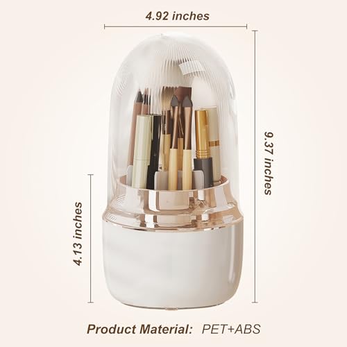 CGCG Makeup Brush Holder with Clear Lid 360° Rotating Make Up Brush Storage Organizer for Bathroom Vanity Desktop Countertop-White/Gold