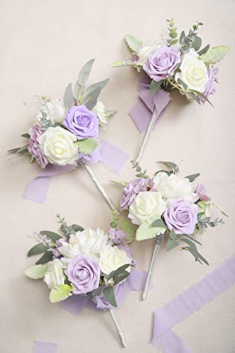 Aivanart Lavender Purple Artificial Flowers Bouquet Set Of 4 Bridesmaid Bouquets For Wedding Rustic Small Floral Centerpieces For Wedding Decorations Proposal Party Anniversary #TOP4