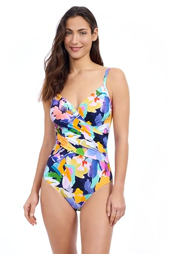 Profile by Gottex Holi Abstract Floral Print Women’s V-Neck Surplice One Piece Bathing Suit with Tummy Control Essential