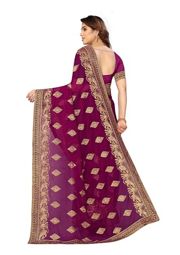 Image of B BELLA CREATION Women's Maroon Georgette Saree with Heavy Golden Embroidery Work & Unstitched Blouse Piece
