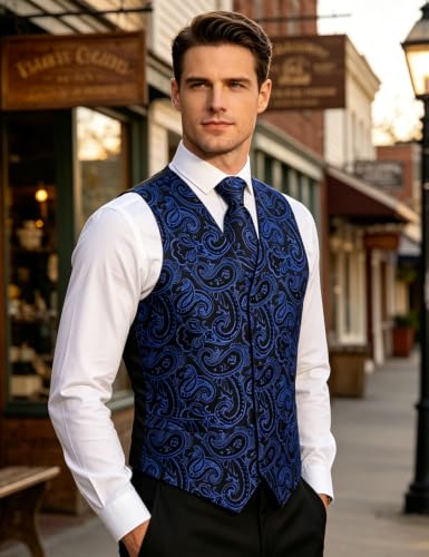 Image of DiBanGu Mens Vest and Tie Set Formal Paisley Waistcoat and Necktie Pocket Square Cufflinks Silk Suit Vest for Tuxedo Wedding