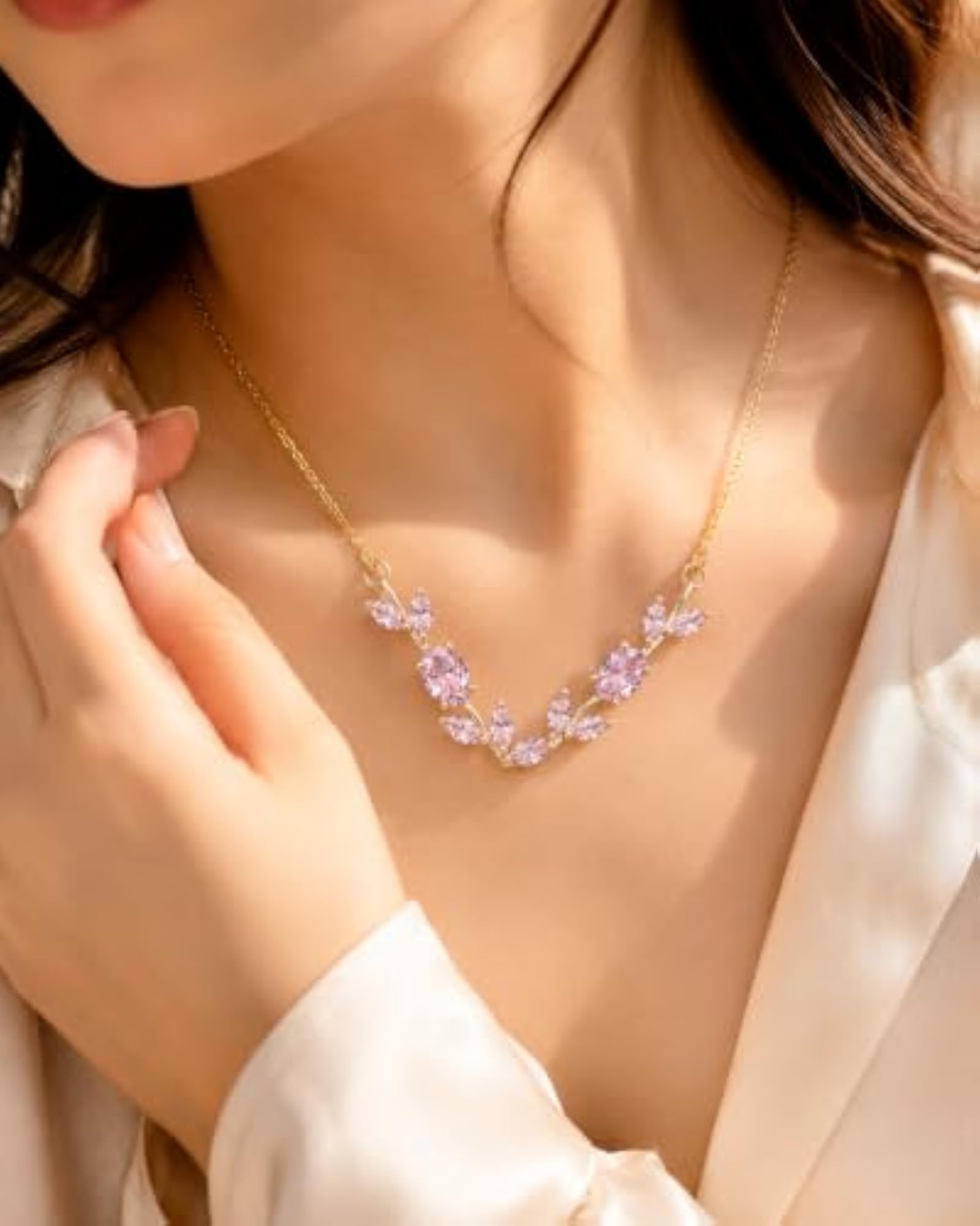 Women's Pink Crystal Leaf Tulip Necklace with Gold-Tone Chain