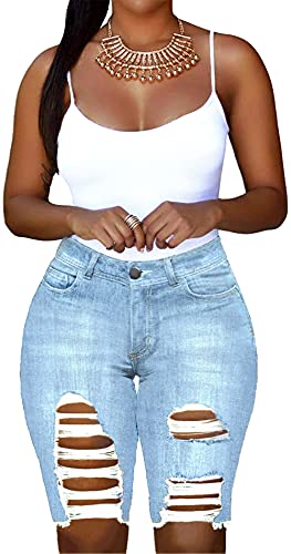 onlypuff Women's Frayed Raw Hem Jean Shorts Ripped Mid Rise Denim Shorts Light Blue XXL