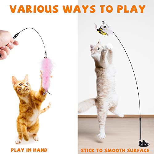 Jxfukal Cat Feather Toys, Interactive Cat Toy With Super Suction Cup, 2Pcs Springy Cat Wand & 5Pcs Teaser Refills Replacement With Bells, Kitty Kitten Toys Cat Spring String Toy Cat Accessories #TOP3
