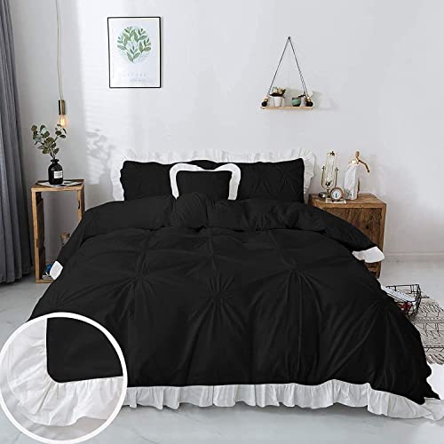 Image of 300 TC Pinch Ruffle 2 Tone Duvet /Razai /Blanket Cover with 2 Pillow Cover- 100% Cotton (Zipper Closure) Razai Cover 3 PC Set, Soft & Lightweight-Single Size White /Black