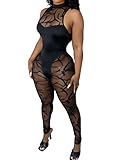 Uni Clau Women Sexy Spaghetti Strap See Through Sleeveless Bodycon Jumpsuit Patchwork Mesh Sheer Bodycon Jumpsuit Party Clubwear Catsuits Black L