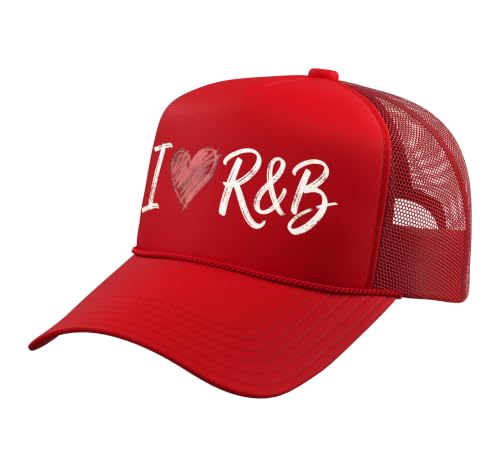 I Love R&B Tshirt Heart Retro Music Fan Rhythm & Blues Trucker Hat with Adjustable Mesh Back, Red