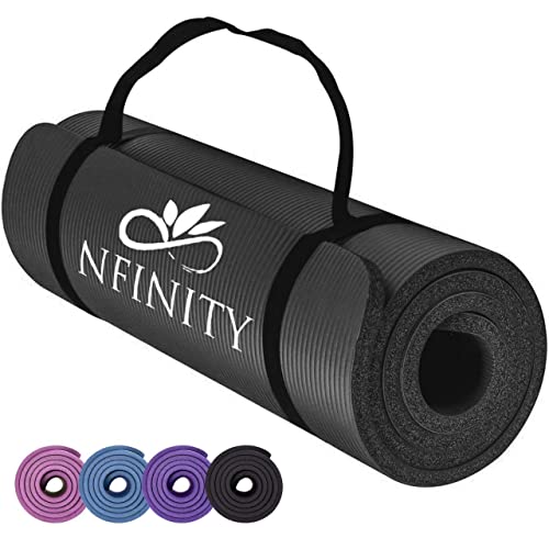 NBR Yoga Mat Exercise Fitness foam Extra Thick Non-Slip Large Padded High Density for Pilates gymnastics stretching Workout with Free Carry Strap. (Black)