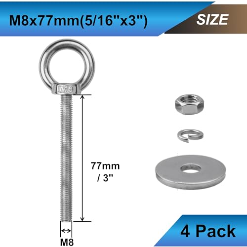 Image of 4 Pack M8 Eye Bolts with Nuts, 304 Stainless Steel 5 /16 inch x 3 inch Heavy Duty Lifting Eye Bolts, Metric M8x77mm Ring Eye Bolt for Hanging, Tie Down, Outdoor & Hardware Fixing (4, 5 /16 inchx3 inch)