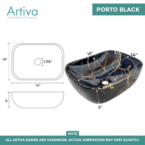 Image of Artiva Small Wash Basin Countertop /Tabletop Ceramic Bathroom Sink /Wash Basin Over Counter /Wash Basin For Bathroom (Porto Black, 10x14 Inch)