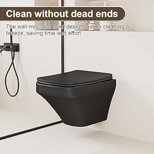 Simple project one piece elongated square wall mount toilet in matte black space saving design wall hung toilet bowl with soft close seat for modern bathrooms  urban country home decor