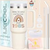 LiqCool 40th Birthday Gifts Women 40 Oz Tumbler with Handle and Straw, Unique Since 1985 Birthday Gifts for 40 Year Old Women, Happy 40s Birthday Decoration Gift Ideas for Friends Family (Cream1)