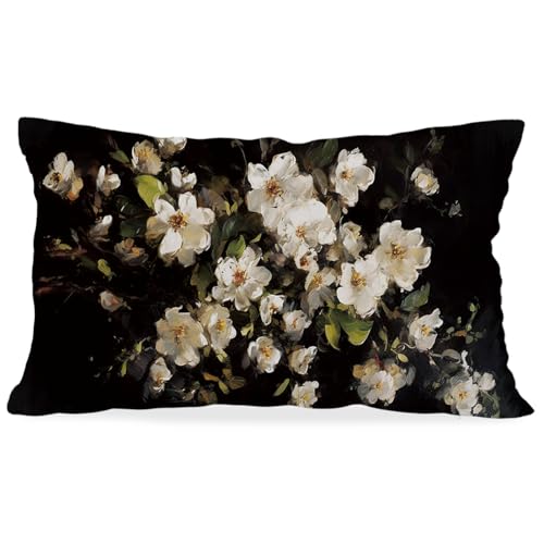 NaZaUK Vintage Botanical Floral Pillow Covers, Rustic Dark Cottagecore Retro Decor Throw Pillow 12x20, White Floral Room Decor, Farmhouse Cushion Covers Home Decor for Couch Bed Sofa Living Room