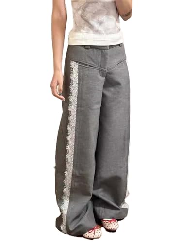 Grey Lounge Pants Loose Straight Leg Pants Hight Waist Lace Trim Pants Casual Streetwear Y2K Sexy Style