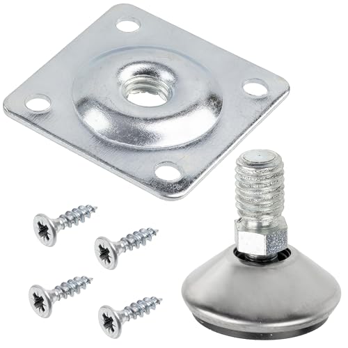 AERZETIX - Kit de 4 pies niveladores pivotantes Regulables M10 + 4 Placas de fijación M10 + 18 Tornillos para Madera M4x16 mm | Accesorios de Montaje para Muebles de Madera