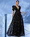 Women's Floral Tulle A Line Puffy Sleeve Prom Dresses Elegant V Neck Formal Evening Party Gowns Black