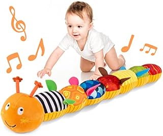 Awotoy Baby Toys Musical Caterpillar Interactive Multicolored Infant Teether Toy Crinkle Rattle Soft with Ring Bell Stuffed Baby Toy with Ruler Educational Toddler (Orange)
