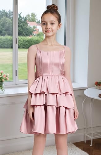 Satin Short Flower Girl Dress with Bowknot for Wedding Spaghetti Strap Party Homecoming Dresses for Teen Girls3