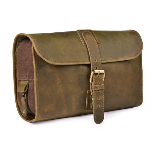 LEATHER VILLAGE Hanging Leather Toiletry Bag for Men â€“ Handcrafted Vintage Premium Travel Dopp Kit with Waterproof Lining, Shaving Organizer and Shower Bathroom Essentials Case - Mud