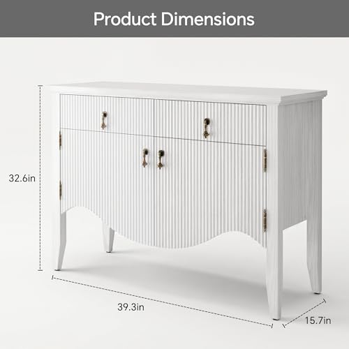 Image of FUSUNBAO 40 inch Fluted Buffet Cabinet, Sideboard Credenza with Drawer,White | Retro,Storage Cabinet,Fluted Sideboard Credenza, 2 Drawer, Accent Bar Cabinet, For Living Room, Dining Room, Entryway