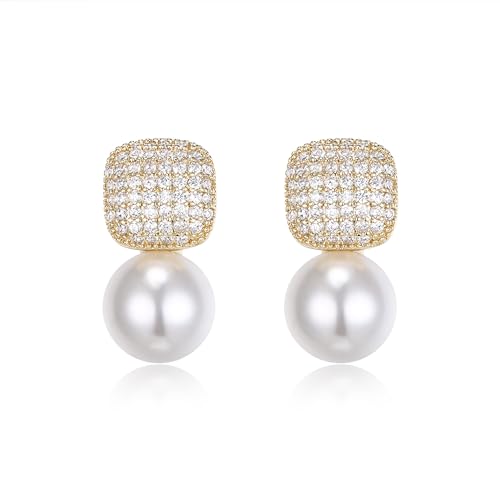 EVER FAITH Faux Pearl Stud Earrings, Elegant Cubic Zirconia Gold Plated Cushion Shaped Statement Earrings Wedding Bridal Jewelry for Women Bride