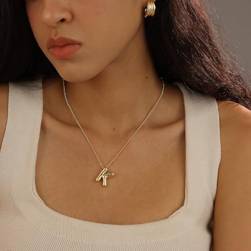 Bubble Gold Letter Necklace for Women, 14k Gold Plated Balloon Initial Letter Pendant Necklace Dainty Charm Initial Necklaces for Women Trendy Chunky Custom Name Necklace Gold Jewelry for Womens2