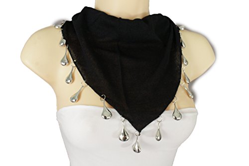 TFJ Women Fashion Short Black Tie Soft Necklace Scarf Fabric Silver Drop Charms3
