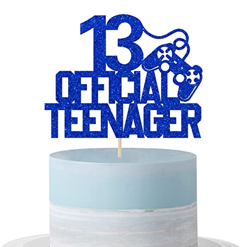 Blue Glitter 13 Official Teenager Cake Topper - Happy 13th Birthday Cake Topper, Level 13 Birthday Decorations, Game Themed Birthday Party Supplies