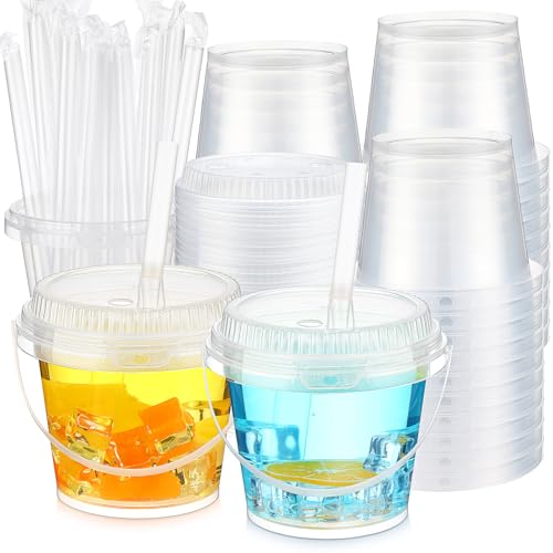 Funnymoom 30 Set 24 oz Clear Drink Buckets with Lids and Straws, Disposable Plastic Rum Cocktail Pails with Handles, Large Smoothie Cups for Adult Bachelorette Party Supplies, Beach & Catering Events