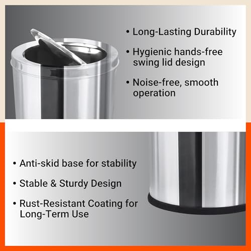 Image of Bathla Stainless Steel Swing Dustbin with Lid for Home, Office & Kitchen - 14 Litres | Swing Lid Trash Can | Durable & Rust-Resistant Garbage Bin