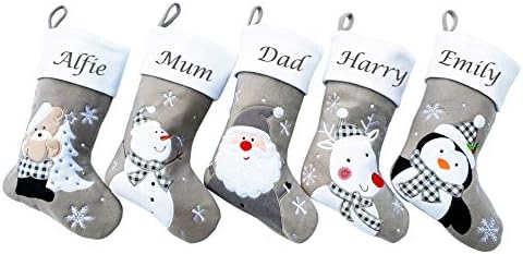 Personalised Christmas Stockings  Custom Silver Name Embroidered Christmas Stocking w/Satin Lining - 5 Designs to choose from (40cm) Personalised Stocking Xmas Decorations (Penguin)