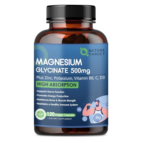 NATURE TARGET Magnesium Glycinate 500mg Chelated Magnesium with Zinc & Vitamin D3 for Muscle Nerve & Bone Support Heart Health & Leg Cramp Strength Immune System - 120 Capsules