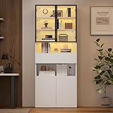 Yihomfy Vitrine 70x30x200 cm – Meuble de Rangement Blanc laqué avec Portes en Verre montées sur Cadre Aluminium Noir, éclairage LED Personnalisable – Structure Robuste Charge 150 kg, Blanc