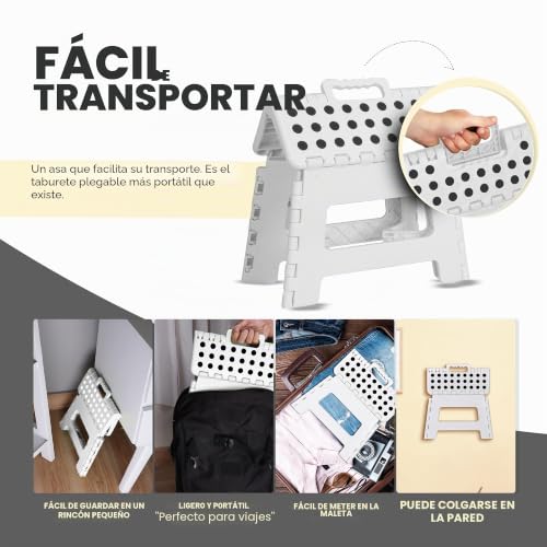 Miniatura 8 de Utopia Home Taburete Plegable 9 Pulgadas, Superficie Antideslizante Taburete Plegable Para Niños Y Adultos, Con Asa De Transporte, Capacidad De Carga 300 Lbs, Paquete De 1, Blanco