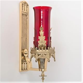 Gothic-style wall-mounted church sanctuary lamp with red glass globe