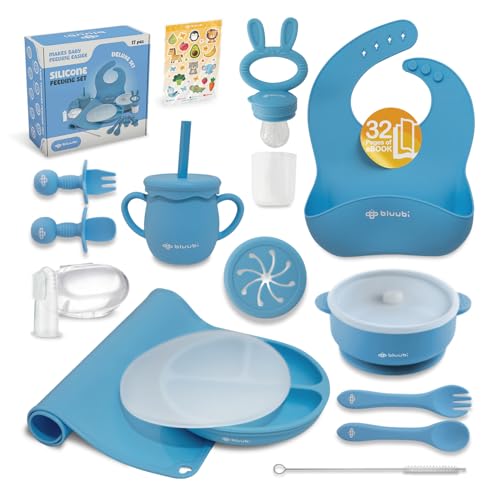 Image of Bluubi Silicone Baby Feeding Set - Infant Tableware for First Foods & Baby, Led Weaning (0+ Months), Easy to Clean, Durable, Perfect for Baby Boy or Girl, Solid Feeding - Blue - Deluxe