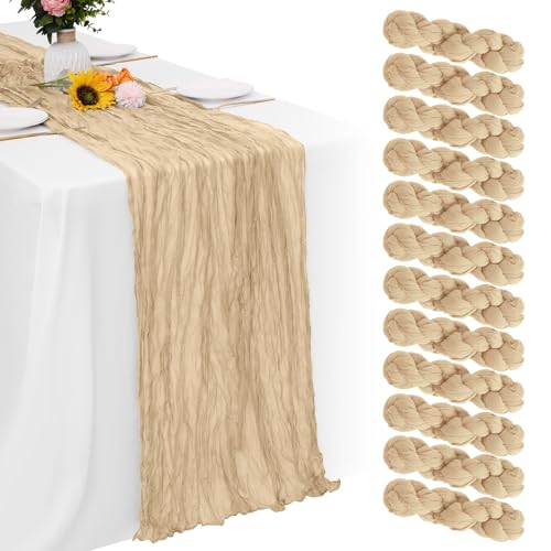 Aktor 12 Pack Beige Table Runner Boho Cheesecloth Table Runner Semi Sheer Gauze Fabric Runners for Wedding Birthday Baby Shower Party Boho Table Decoration（Beige）