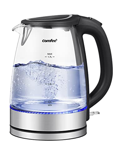 غلاية ماء كهربائية من الفولاذ المقاوم للصدأ من كومفي، إبريق كهربائي للشاي ولتسخين الماء، مع سرعة في الغليان بإضاءة ليد، إيقاف وتشغيل تلقائي وحماية من الغليان حتى الجفاف، 1.7 لتر، 2200 واط