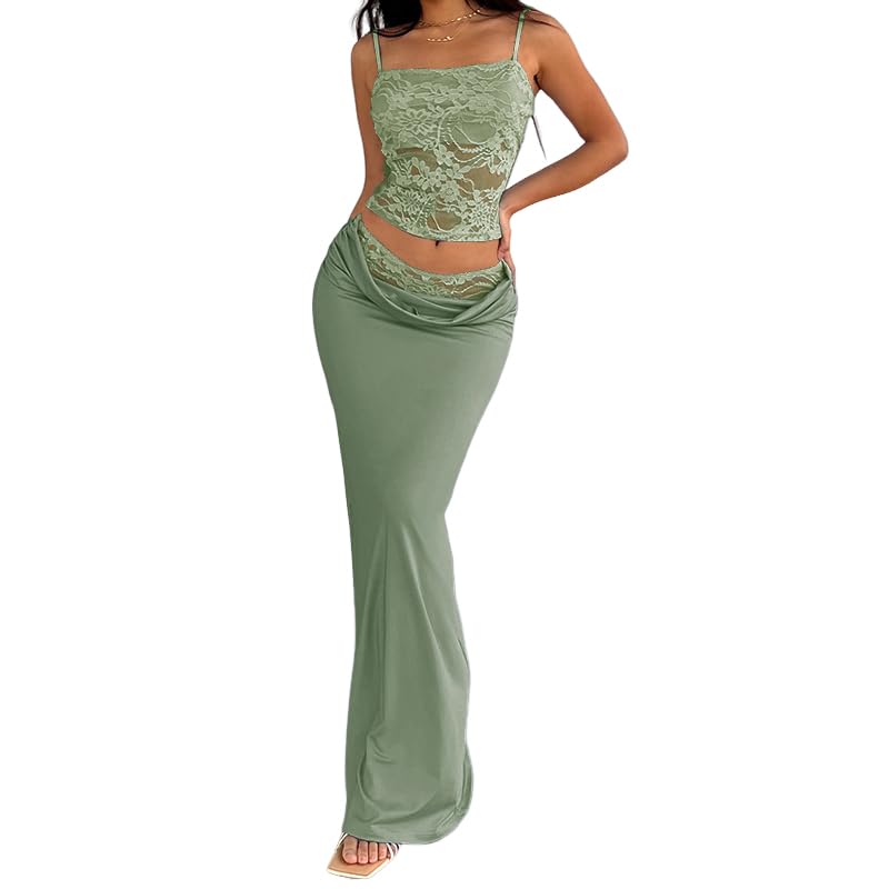 Image of Women's Lace Bustier Spaghetti Strap Sleeveless Ruched Bodycon Dress Set Elegant Crop Top and Maxi Dress