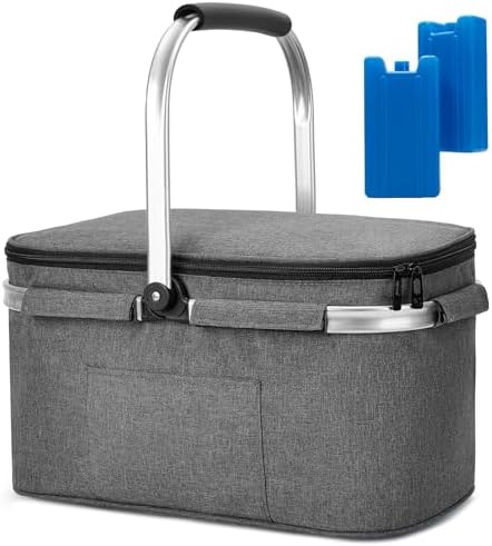 ALLCAMP Faltbar Isoliert Kühltasche - Einkaufskorb | Mit 2 Kühlakkus,leicht zu reinigen,faltbar für Aufbewahrung,Aluminiumfolie,Aluminiumrahmen,für Picknick,Camping,Einkaufen