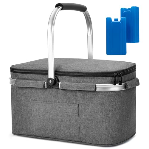Allcamp Cesta Plegable- Cesta Térmica Para La Compra Con Tapa, Cesta De Picnic Extraíble Para 4 Personas,Cesta Térmica Gruesa Con Marco De Aluminio Negro Grande