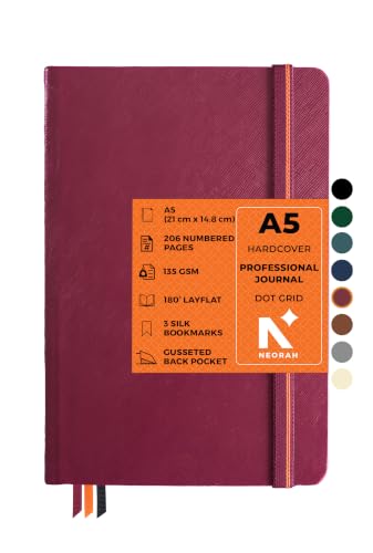 NEORAH - A5 Dot Grid PROFESSIONAL Journal -135 Gsm- (210x148 mm)-Hardcover Dotted Noteook-|Back Pocket|3 Silk Book Mark |208 Pages- Completely HANDMADE for journaling,writing, Note Taking - RHUBARB