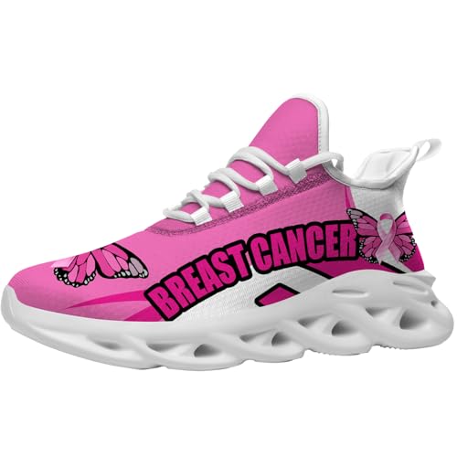 Breast Cancer Butterfly Shoes Running Walking Tennis Shoes Fashion Sneakers for Women Size 13 Men 15 Women
