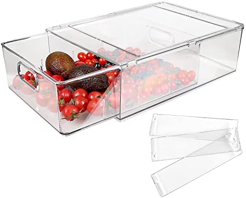 Shopwithgreen Refrigerator Organizer Bins with Pull-out Drawer, Drawable Clear Fridge Drawer Organizer with Handle, Plastic Kitchen Pantry Storage Containers (1 Large)